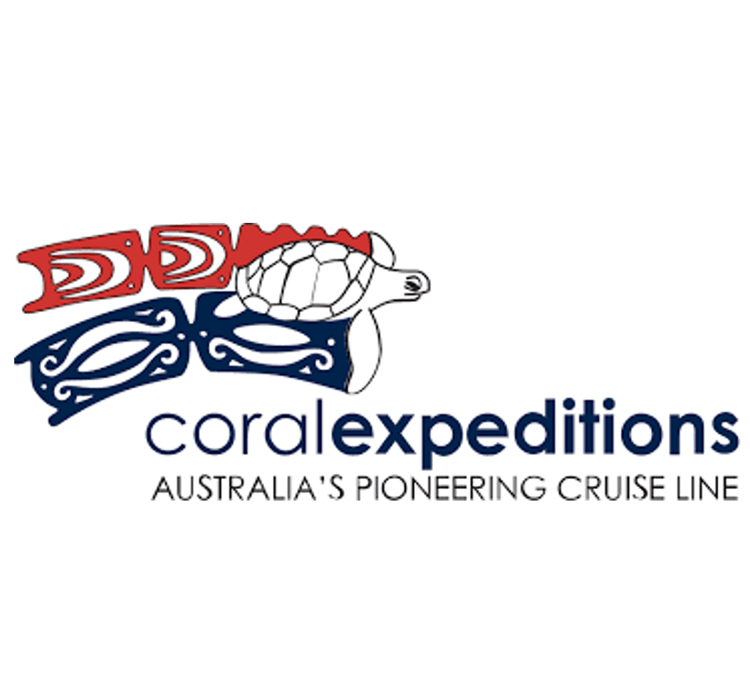 Coral Expeditions logo featuring stylized sea turtle with red and blue indigenous-inspired designs and text
