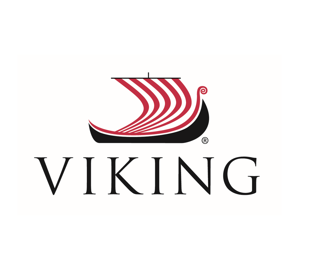Viking longship logo with red and white striped sail and black hull