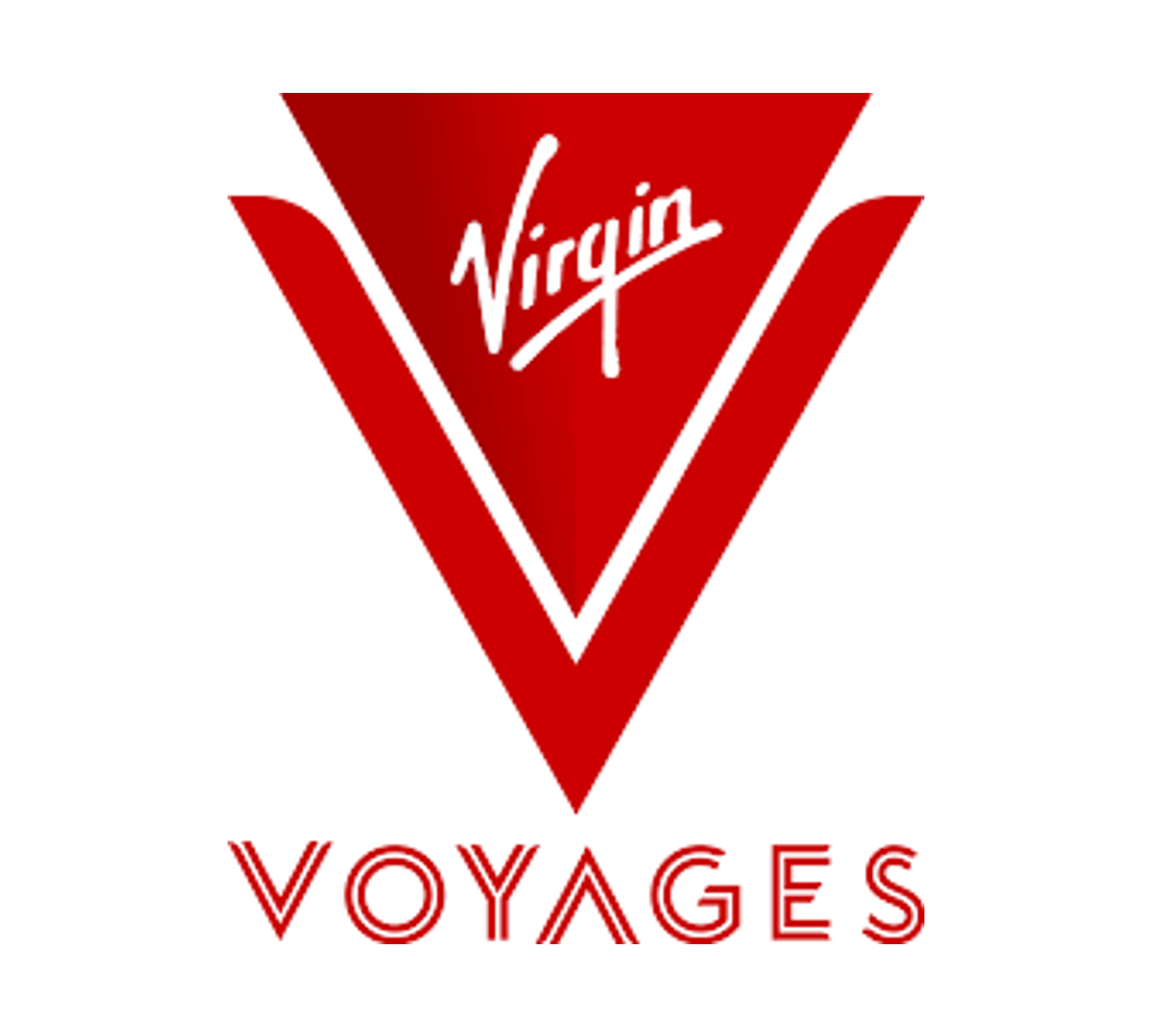 Virgin Voyages red V-shaped logo with white script text on white background