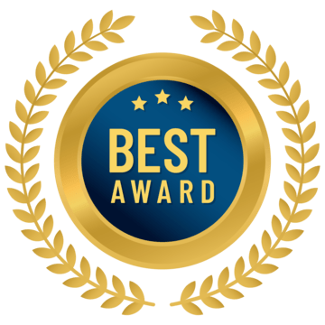 Gold "Best Award" medal badge with blue center, three stars, and laurel wreath frame