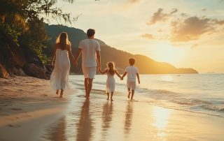 Family of four holding hands wading in ocean at sunset with mountains in background
