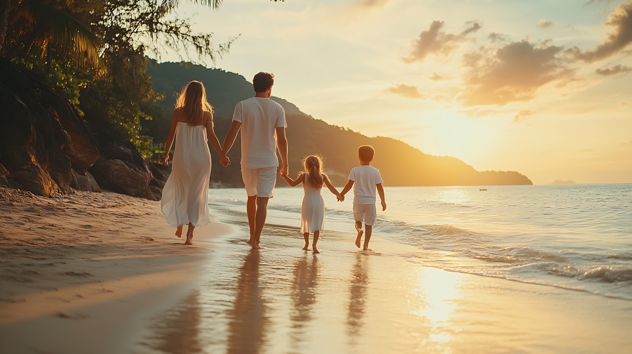A elegant family in white summer clothing walks hand in hand down a tropical paradise beach during sunset tme and enjoys their vacation time : Generative AI Family of four holding hands wading in ocean at sunset with mountains in background